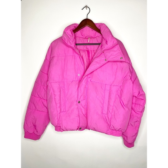 Free People Puffer Jacket Cold Rush Pink Cropped Bright Winter Adjustable Waist - Picture 16 of 16